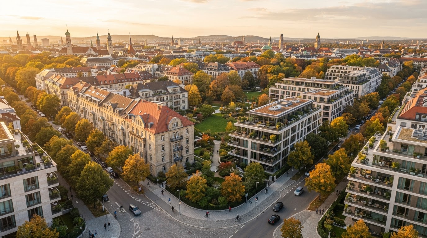 Drohnenblick auf europäische Wohnsiedlung bei goldenem Licht – Finmento Kapitalanlageimmobilien