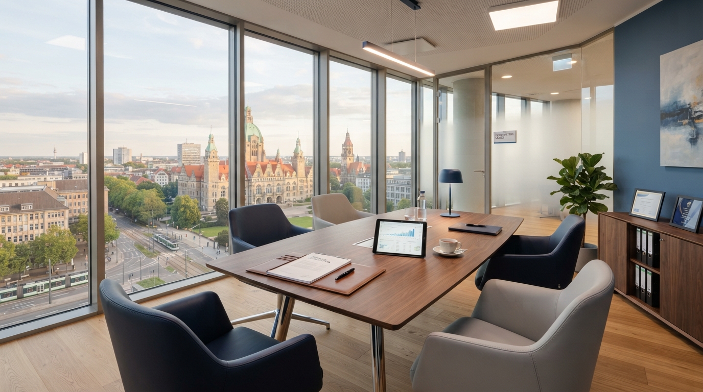 Modernes Finanzbüro mit Blick auf Hannover – Finmento