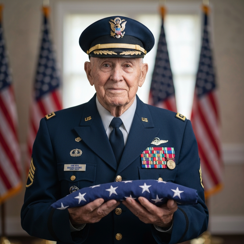 Veteran holding flag