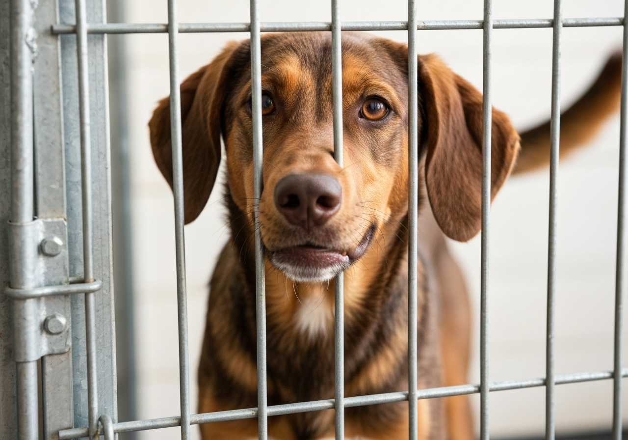 Teenage dog behind bars in a kennel