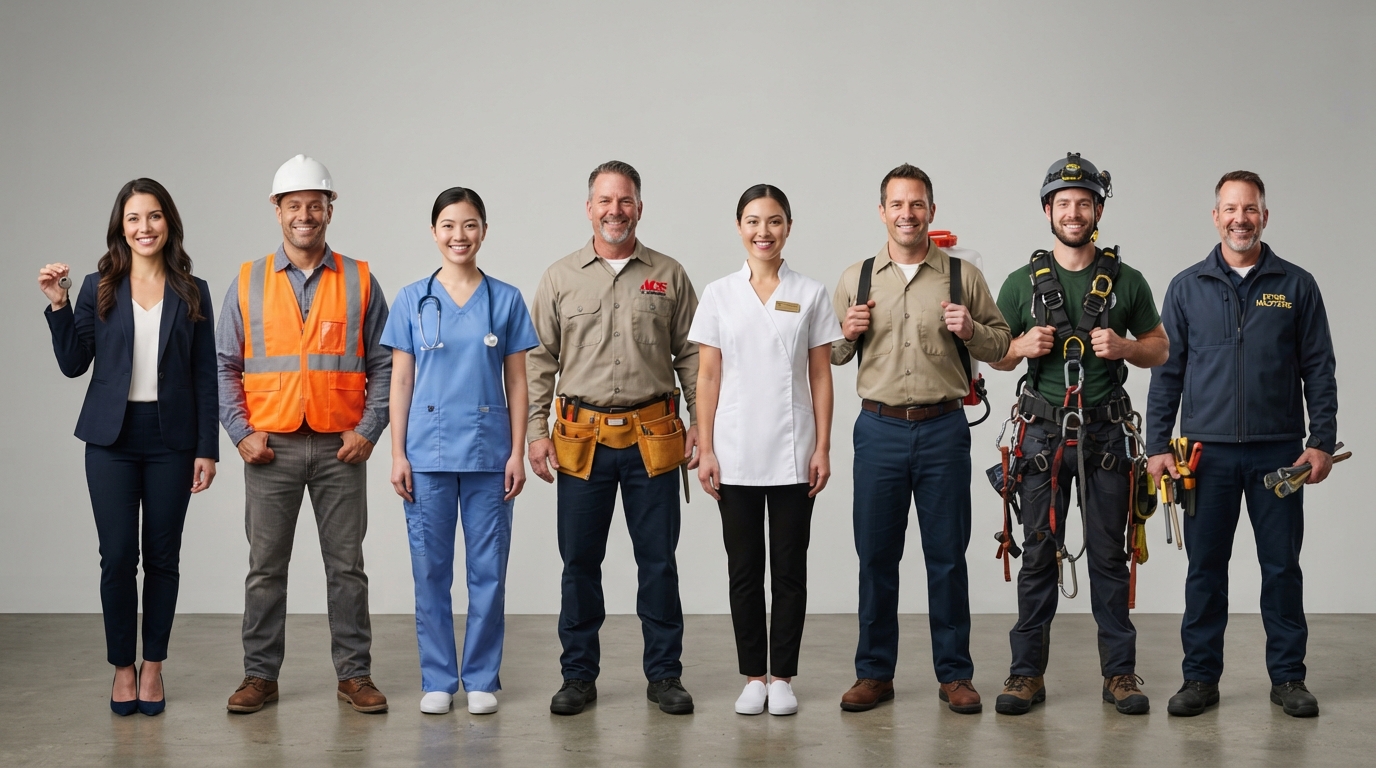 Local service professionals including a realtor, construction worker, dental hygienist, plumber, med spa esthetician, exterminator, tree service arborist, and garage door technician