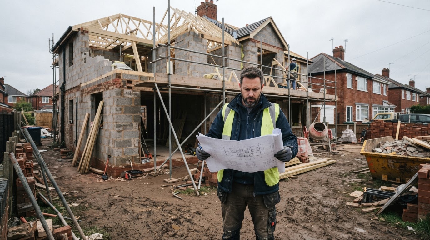 Builder reviewing architectural plans at a house renovation site in the West Midlands