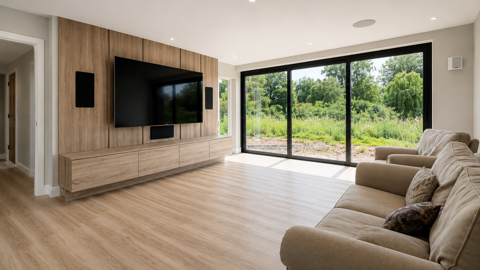 Completed living room refurbishment with bespoke media wall by Milano Home Improvement