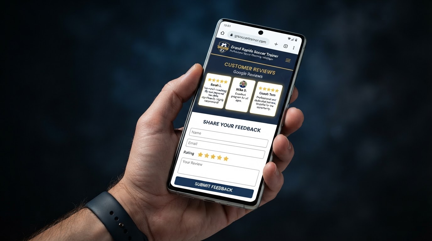 GR Soccer Trainer website with Google review and submit button on a mobile phone