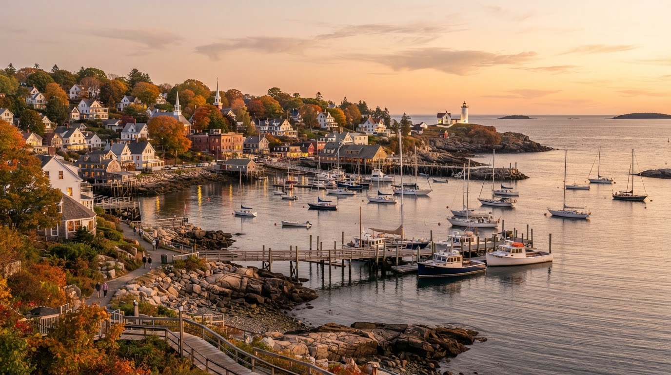 New England coastal town at golden hour