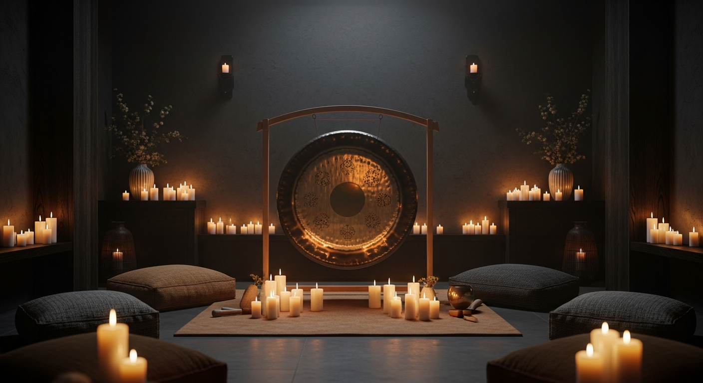 Leith James playing a large gong during a Gongscape session.