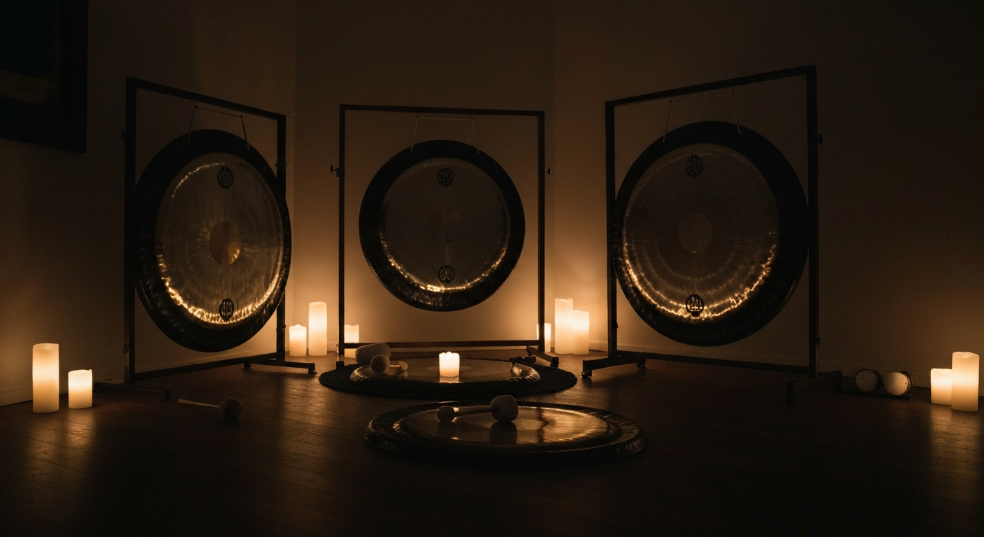 Large gong illuminated by candlelight in a dark room.