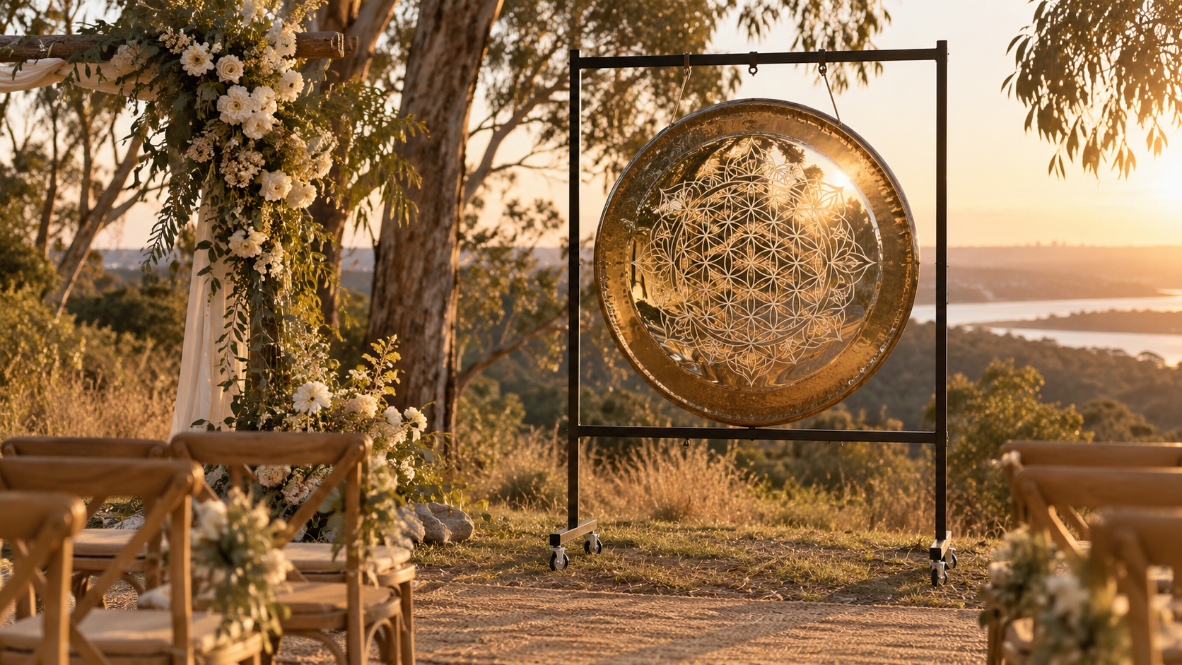 Flower of Life gong on a stand in an outdoor ceremony setting at sunset.