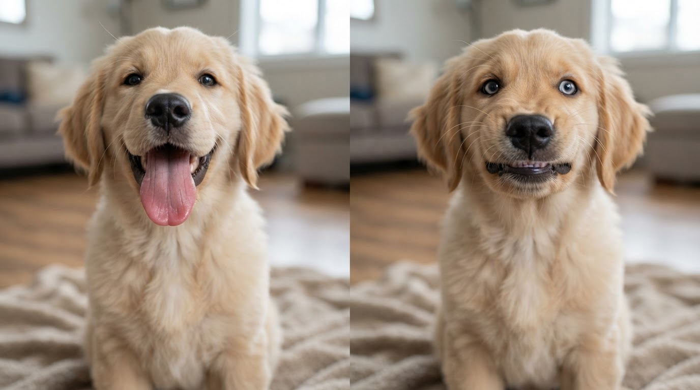 Comparison of puppy mouth expressions showing relaxed open smile versus tense lip retraction
