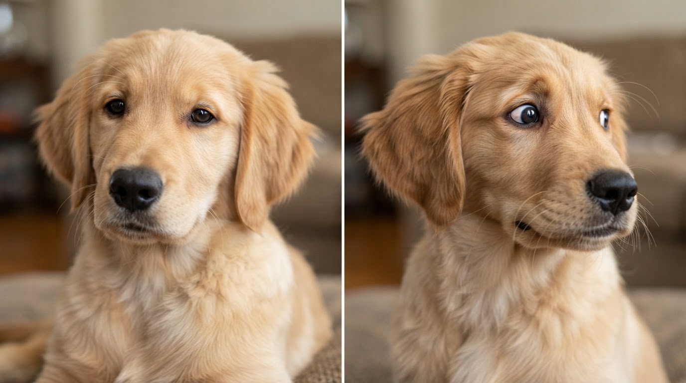 Comparison of puppy eye body language showing soft relaxed eyes versus whale eye and tense brow