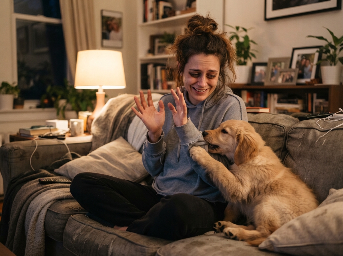 Stressed puppy owner dealing with typical puppy biting phase