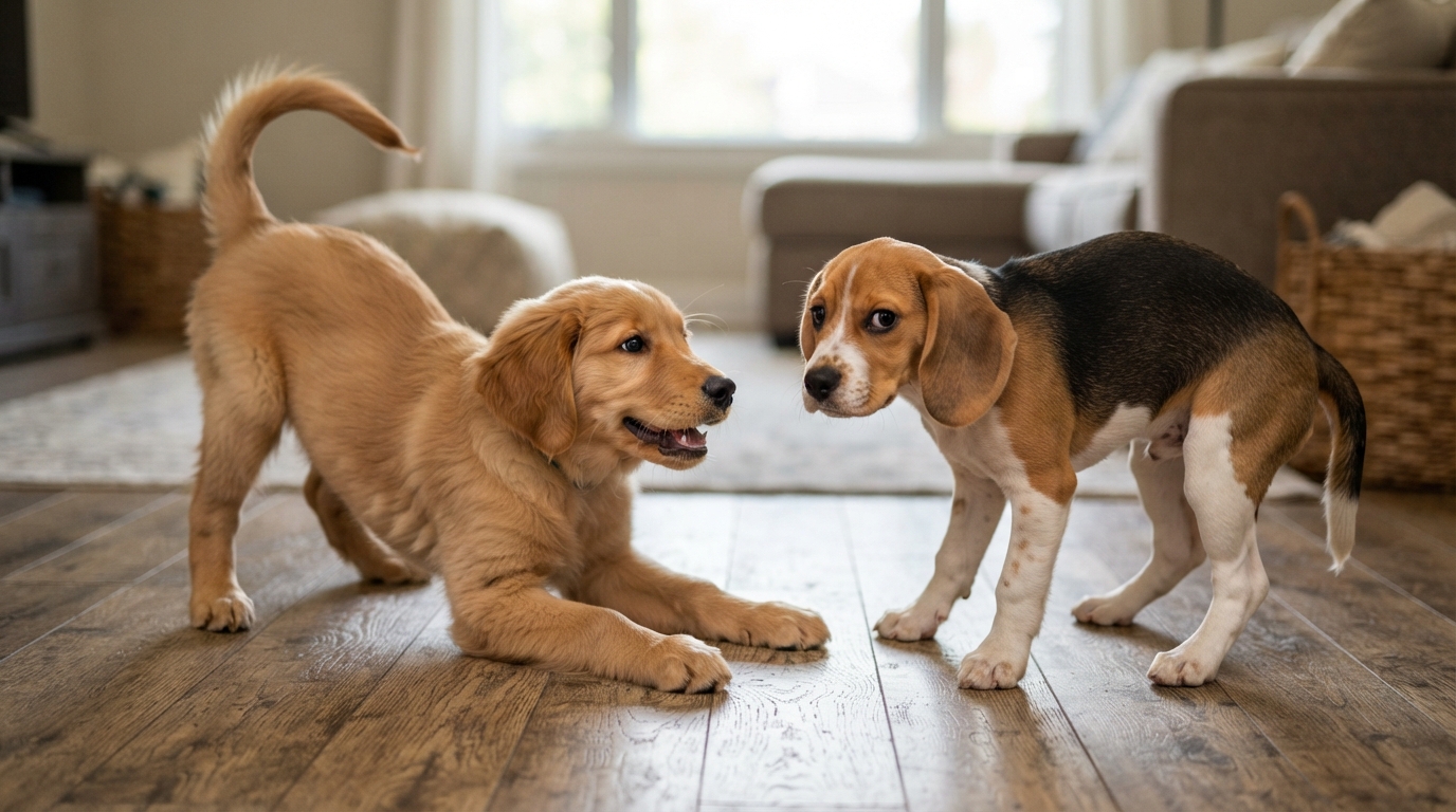 Comparison of puppy posture showing loose C-shaped playful posture versus stiff leaning weight posture