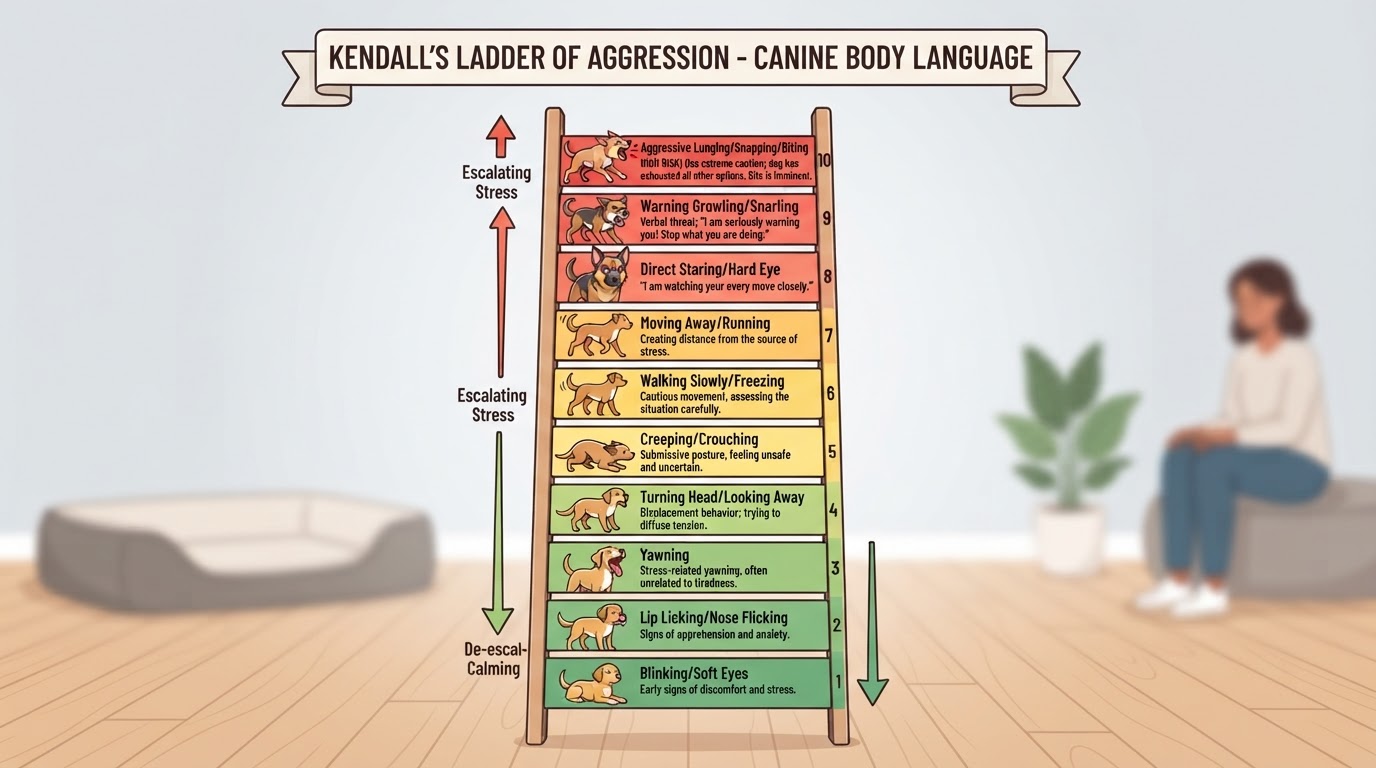 Kendall's Ladder of Aggression Diagram showing dog body language signals escalating from green subtle cues to yellow avoidance and red warning signals