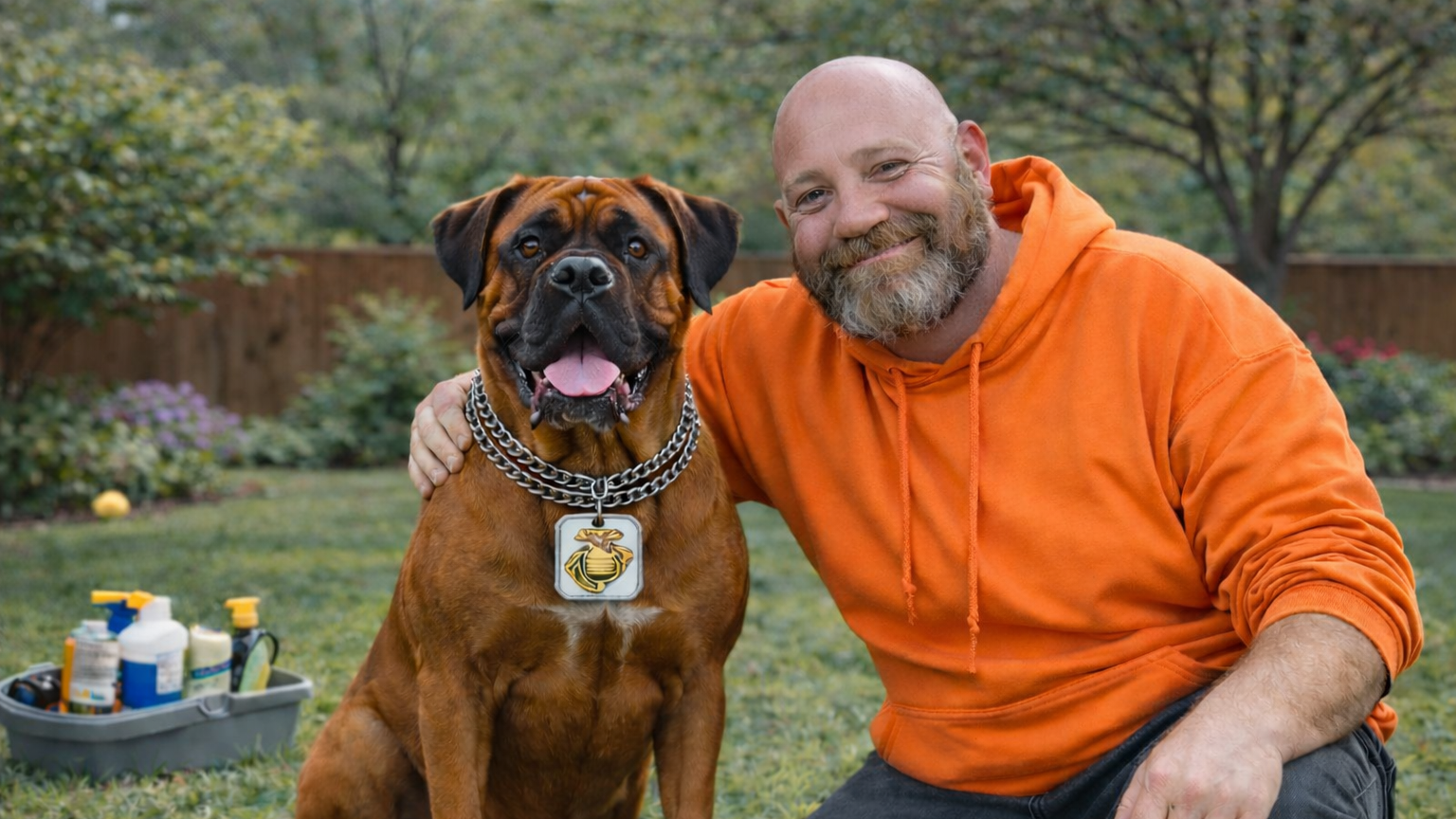 Poo Pickers Ohio owner Rich with his Boxer dog in a clean residential yard