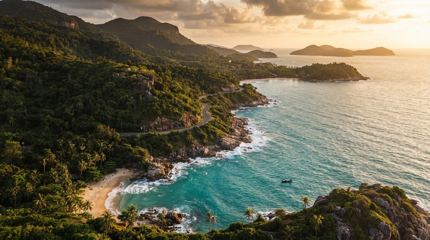 Aerial view of the Koh Samui coastline — lush jungle meeting turquoise ocean
