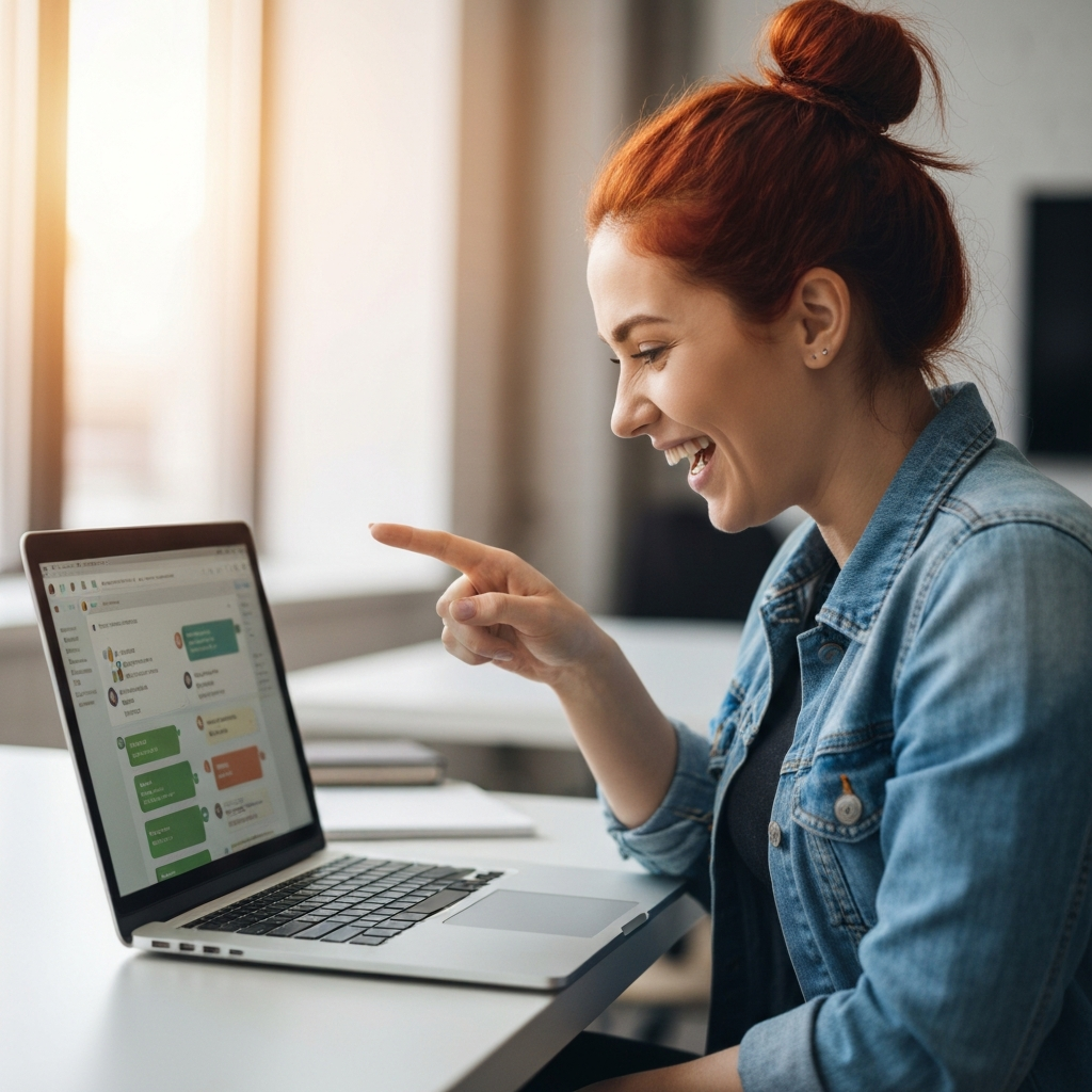 Business owner reviewing a successful AI-powered chat conversation on a laptop