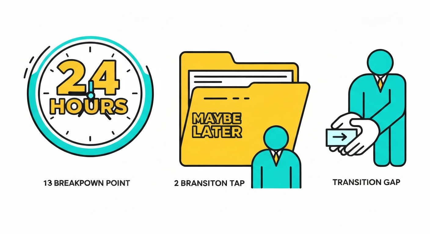 Diagram showing the three common points where business follow-up breaks down
