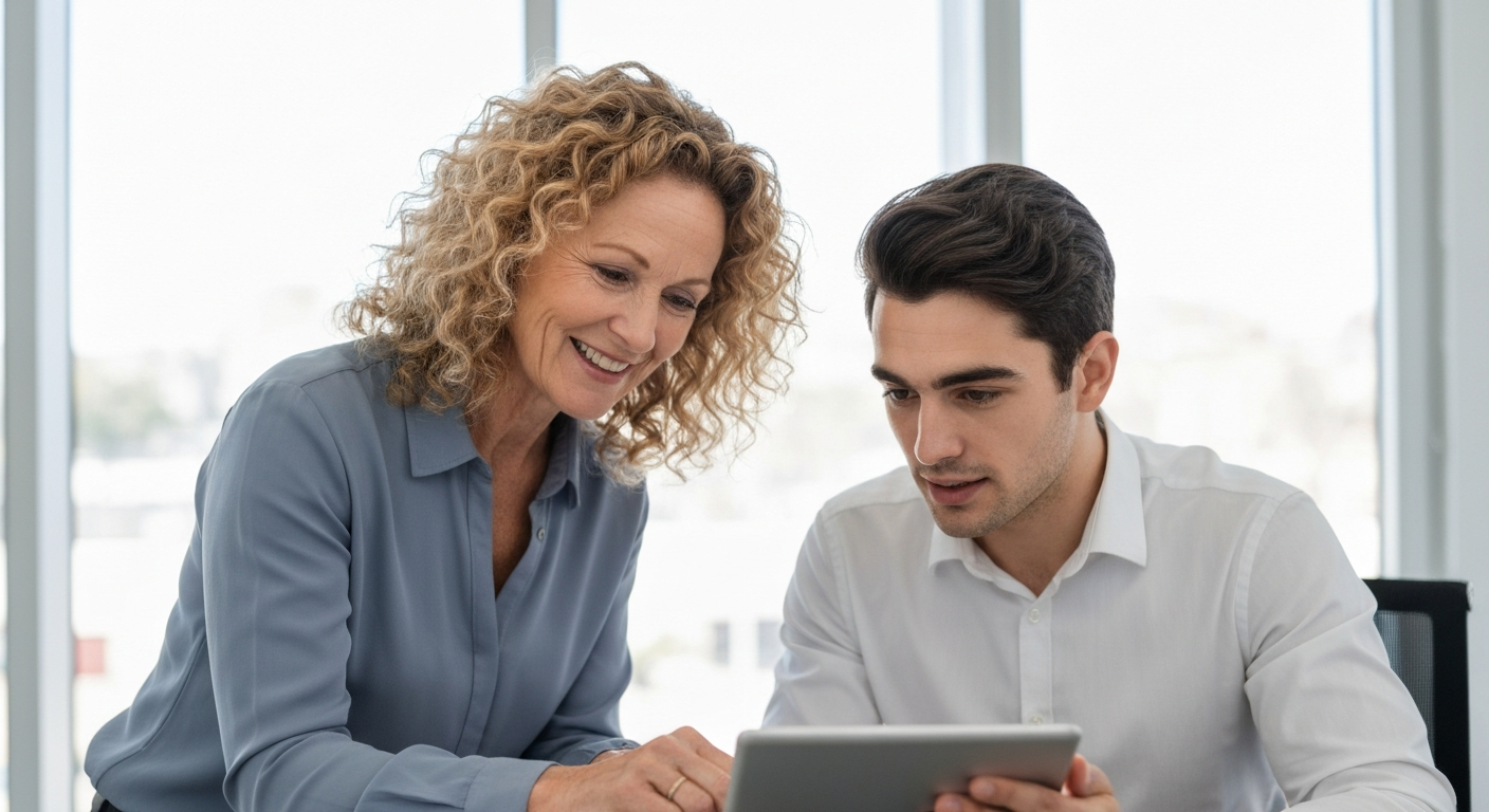Business owner and front desk staff reviewing an AI receptionist together during testing