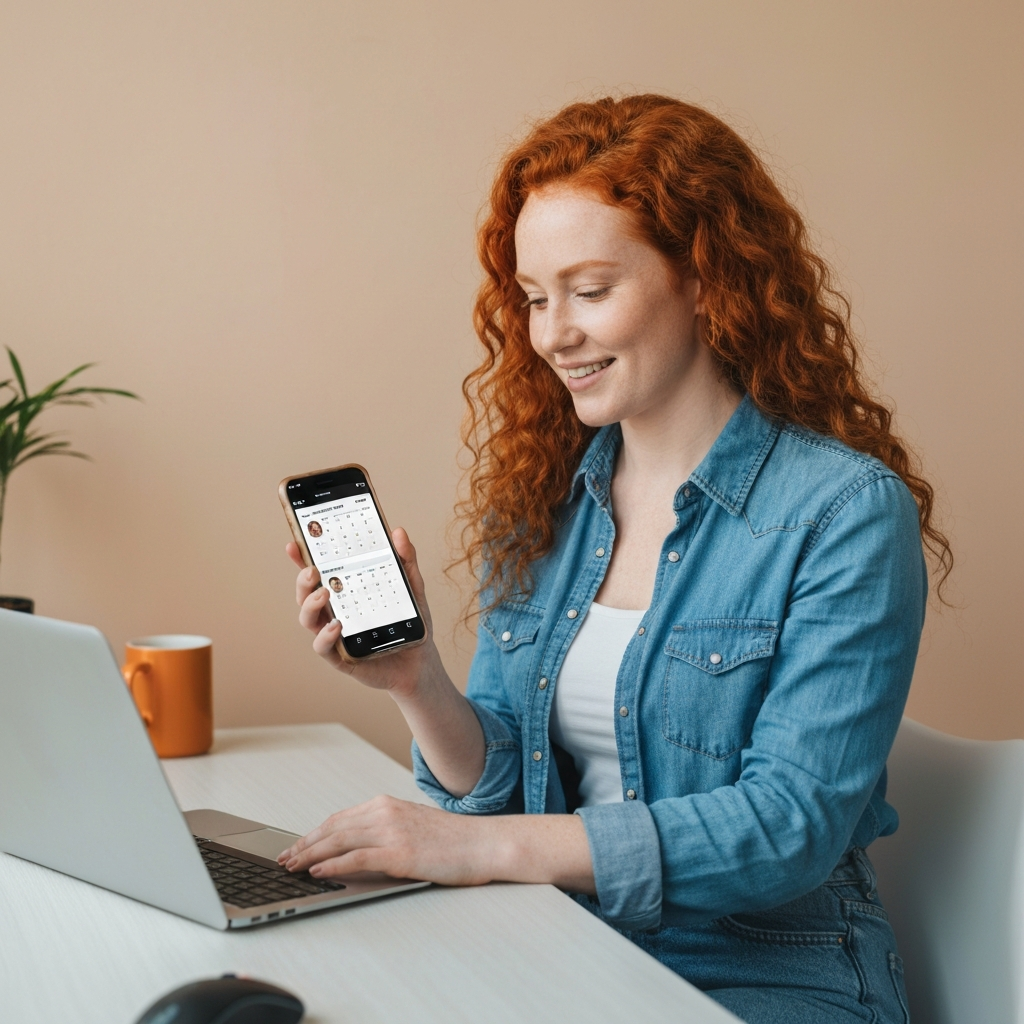 Business owner briefly reviewing an automatically scheduled social media content calendar