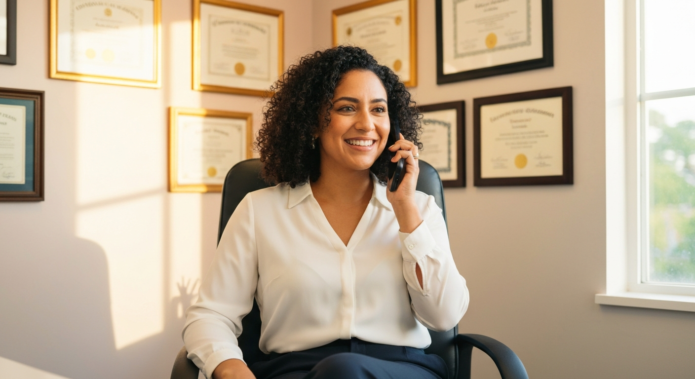 South Florida business owner confidently handling a bilingual customer phone call