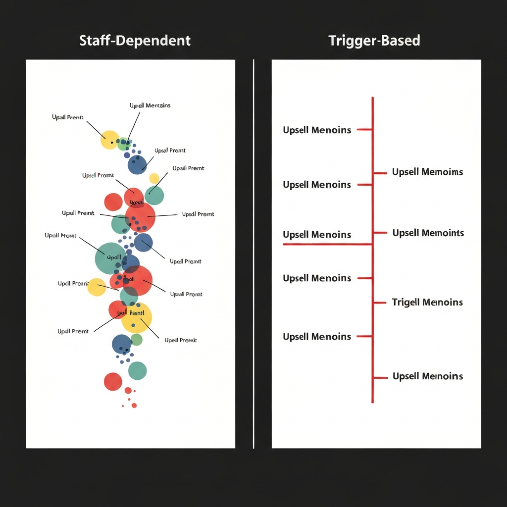 Comparison graphic showing consistency difference between staff-dependent and trigger-based upselling