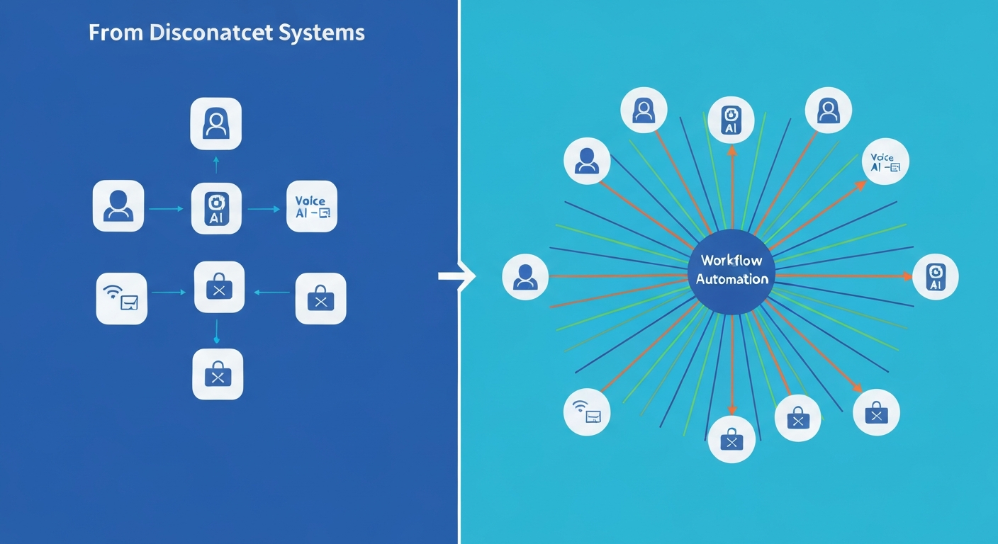 Network diagram comparing isolated AI tools against a connected workflow automation system