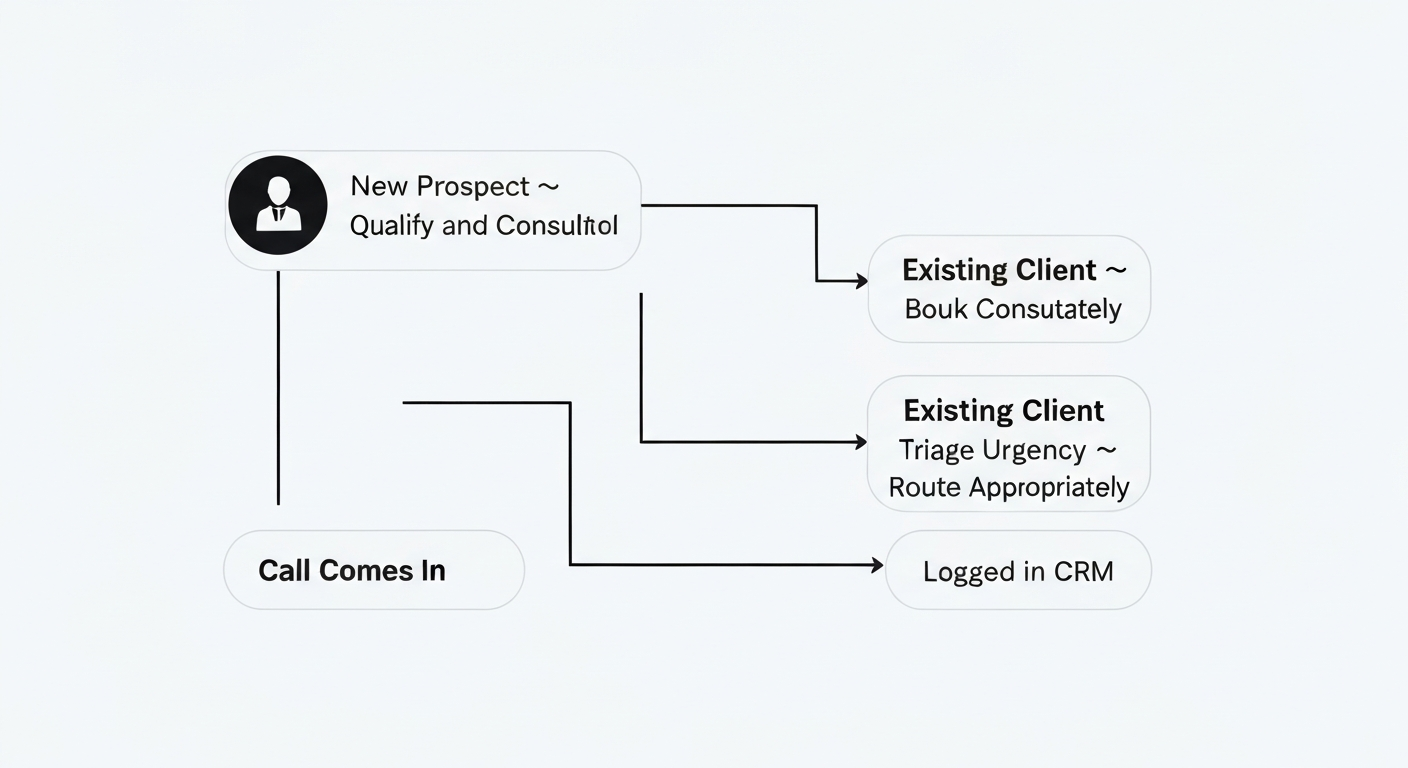 Diagram showing how an AI receptionist splits sales inquiries from support tickets for an MSP