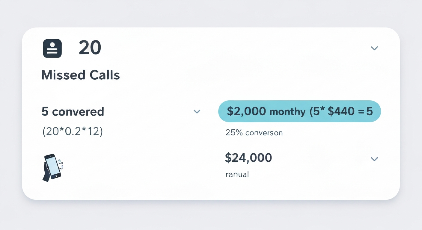 Step-by-step worked example showing calculation of annual revenue lost to missed calls