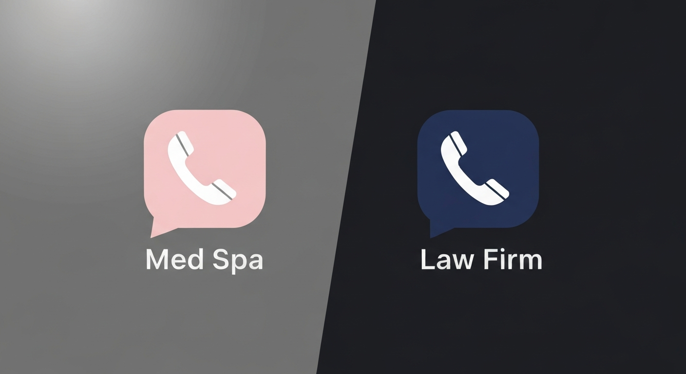 Graphic illustrating tonal mismatch between a med spa and a law firm phone greeting style