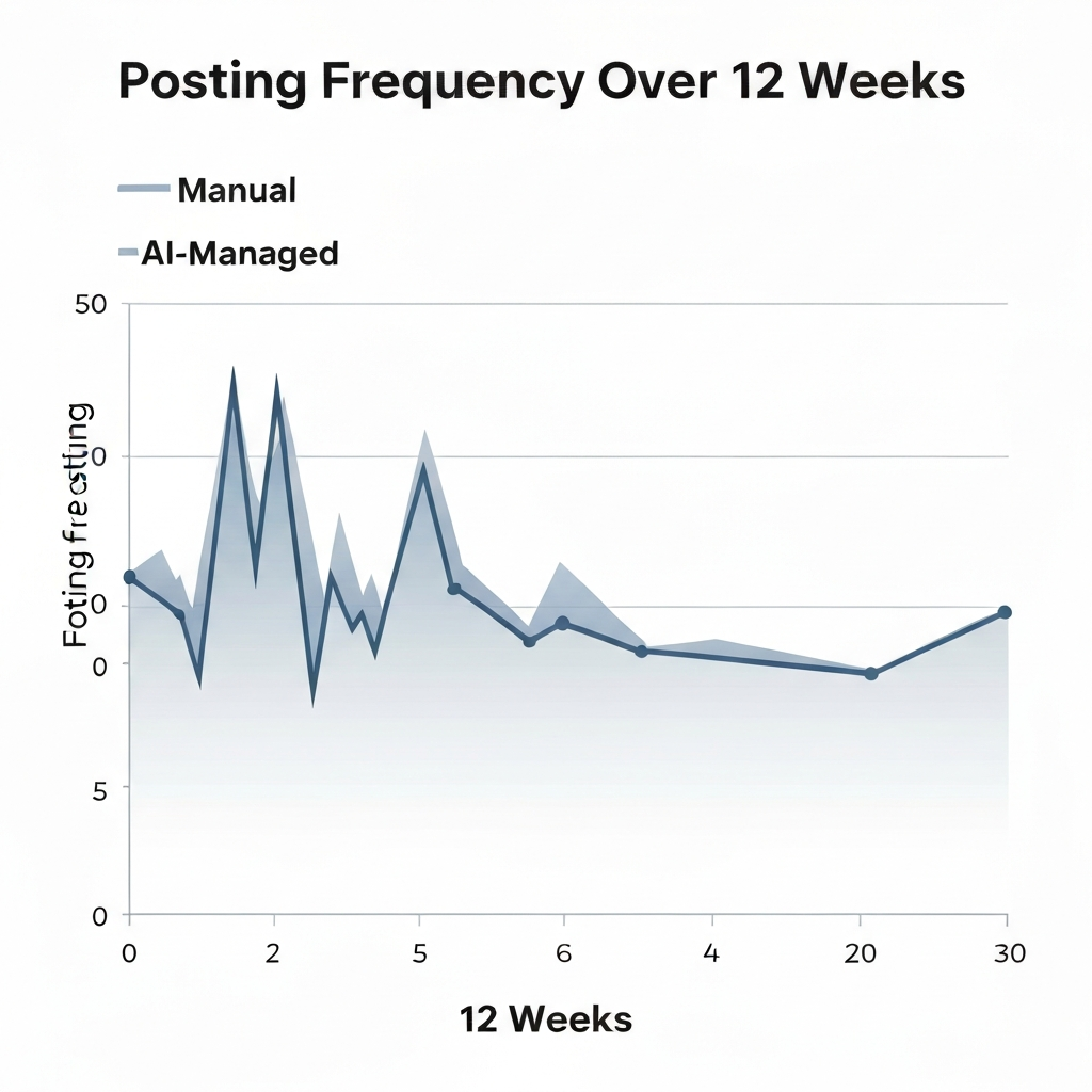 Line chart comparing posting consistency between manual and AI-managed social media management