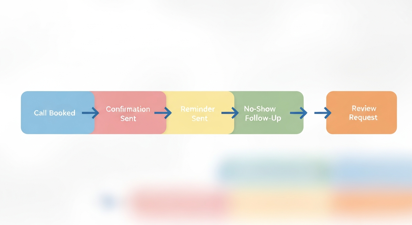 Flow diagram showing a fully connected sequence of automated actions triggered after an AI booking