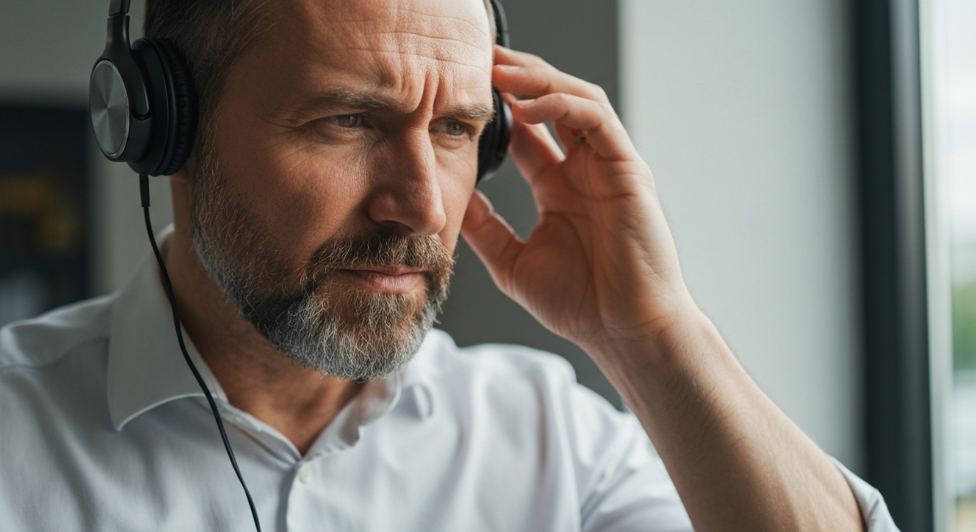 Business owner listening to AI voice tone test calls through headphones