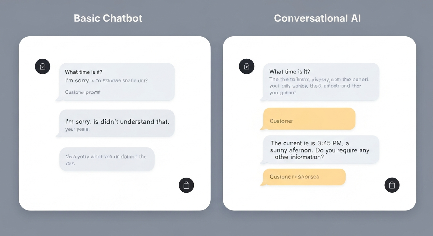 Side-by-side chat transcript comparison showing basic chatbot failure versus conversational AI success