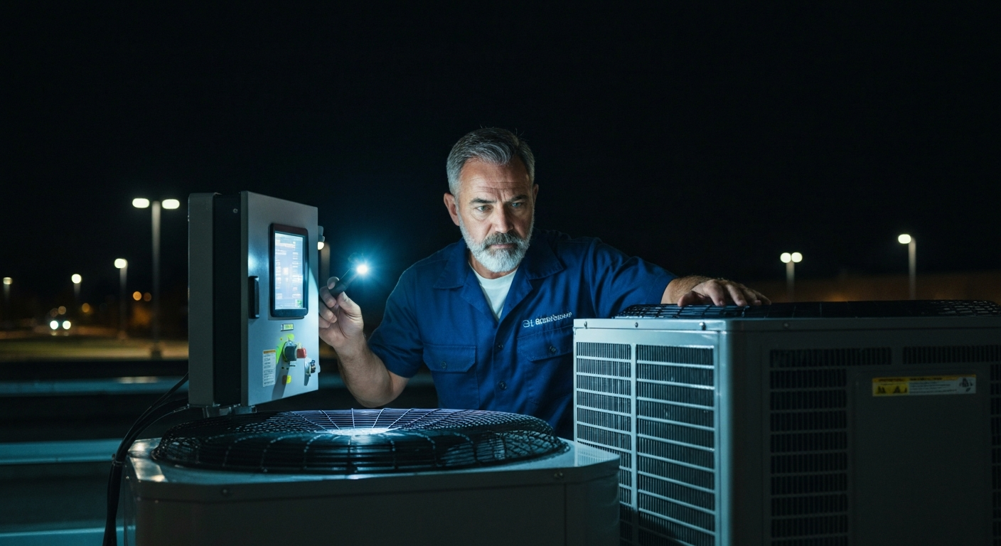 HVAC technician responding to an after-hours emergency service call at night