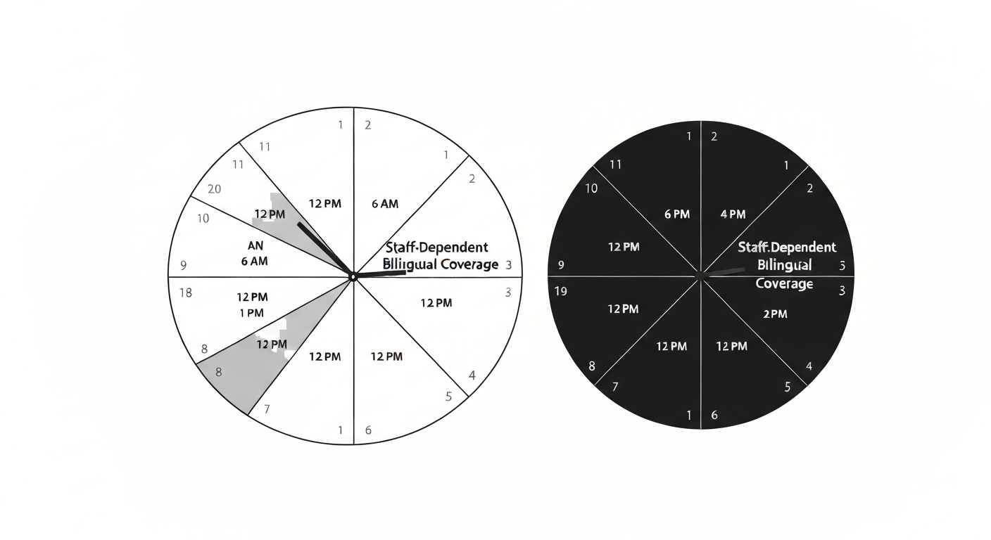 Clock graphic comparing staff-dependent bilingual coverage gaps against full AI receptionist coverage