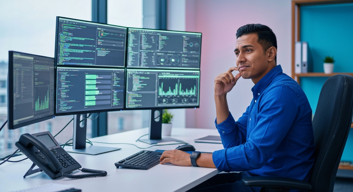 IT technician distracted from technical work by an incoming phone call