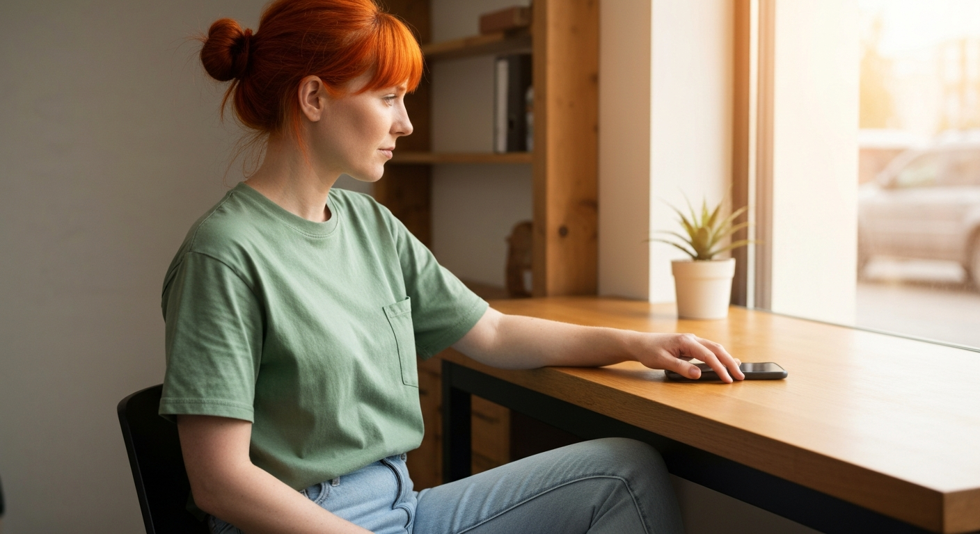 Local business owner working calmly with an AI receptionist handling incoming calls