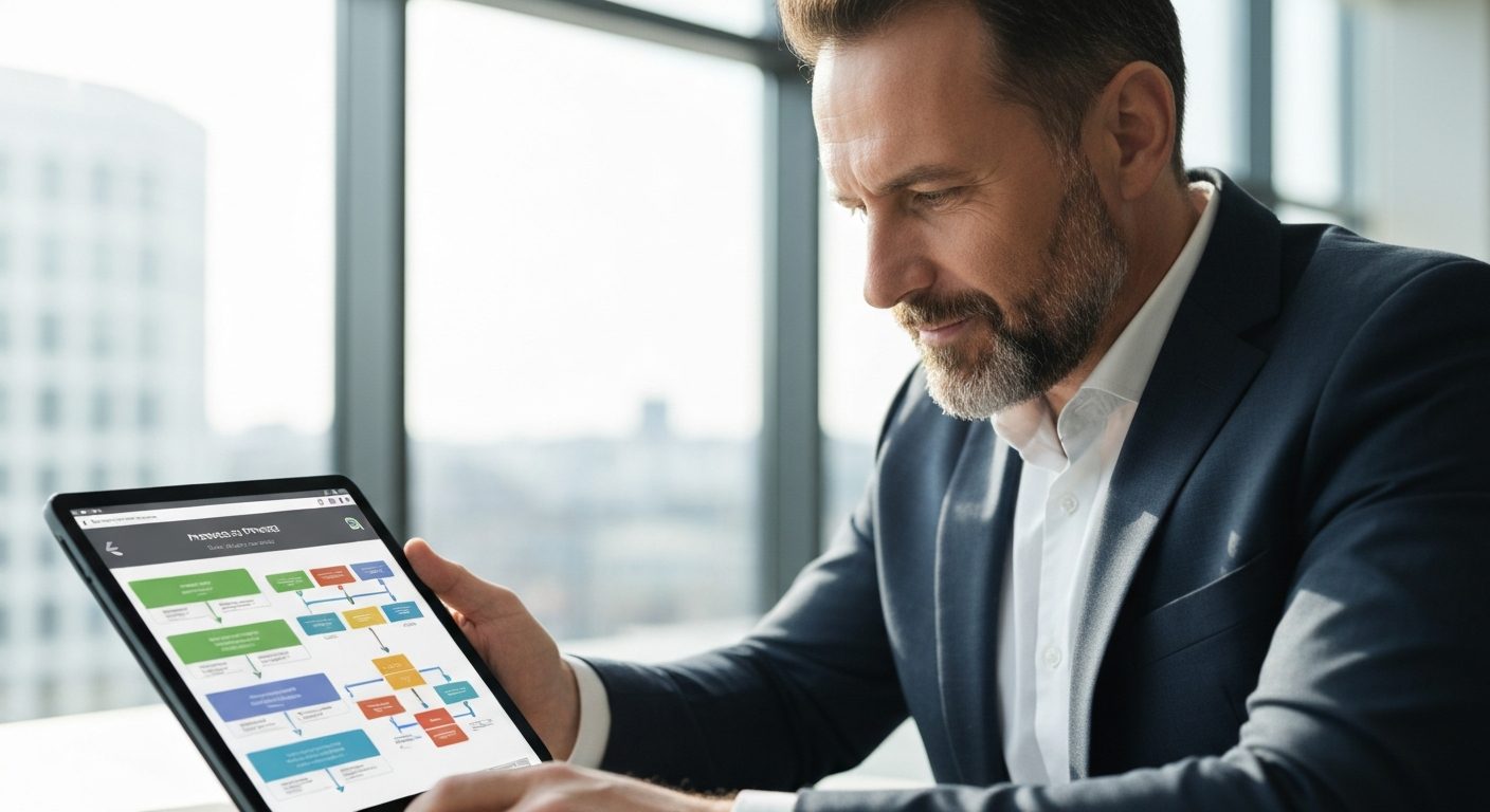 Business owner reviewing a connected workflow automation dashboard