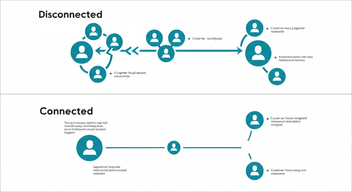 Customer journey map comparing disconnected channels versus a connected omnichannel experience