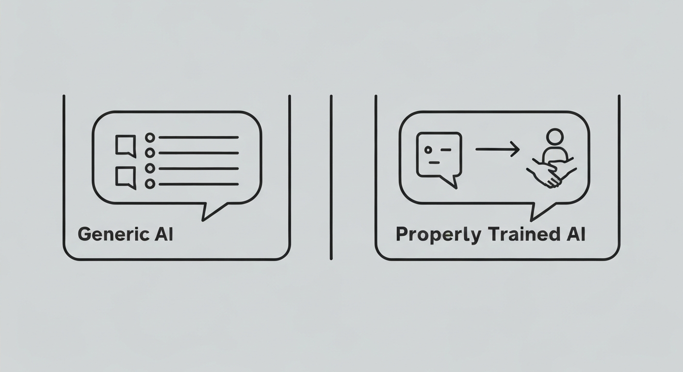 Comparison graphic showing generic AI response versus properly trained AI escalation handling
