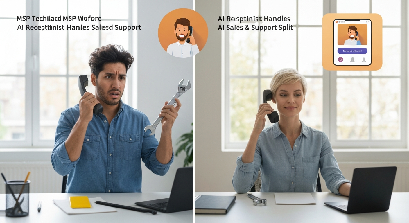 Comparison graphic showing MSP technician workload before and after an AI receptionist handles the sales and support split