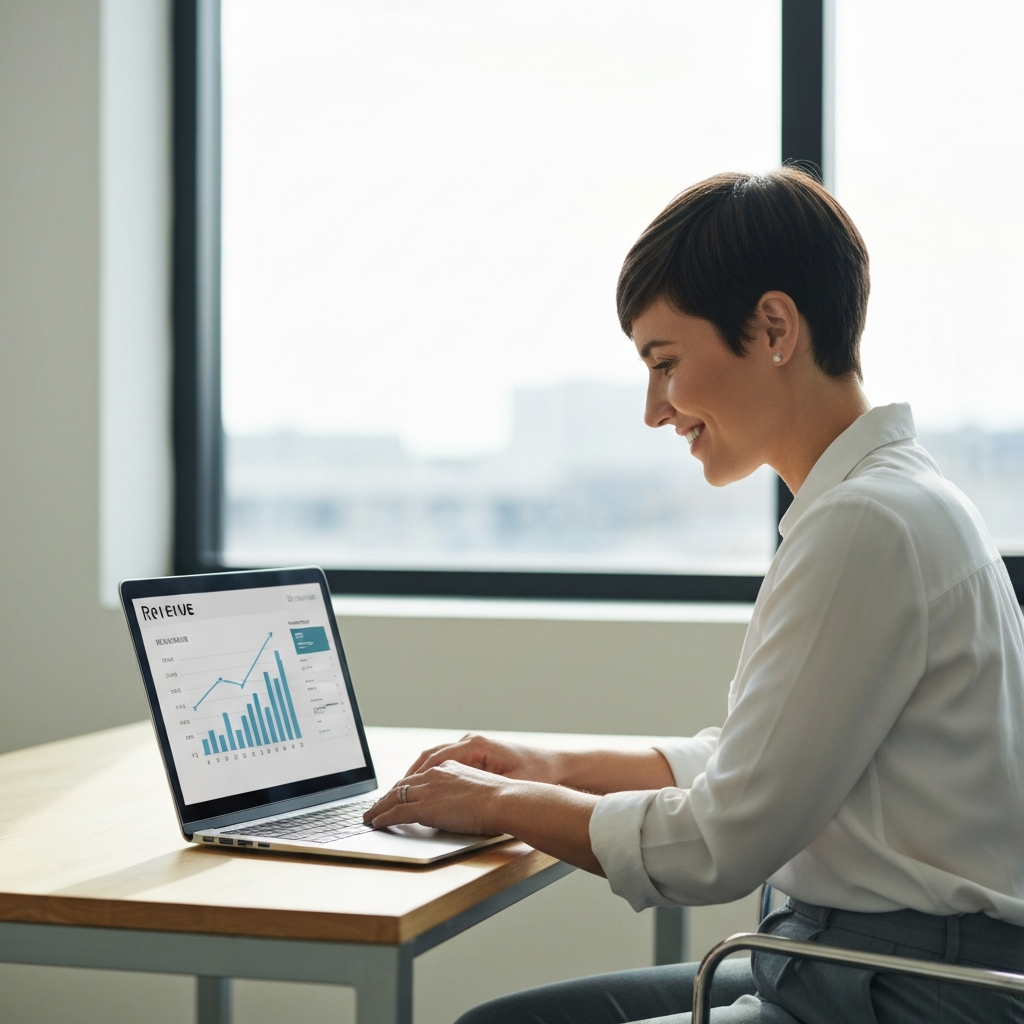 Business owner reviewing additional revenue generated from automated upsell offers