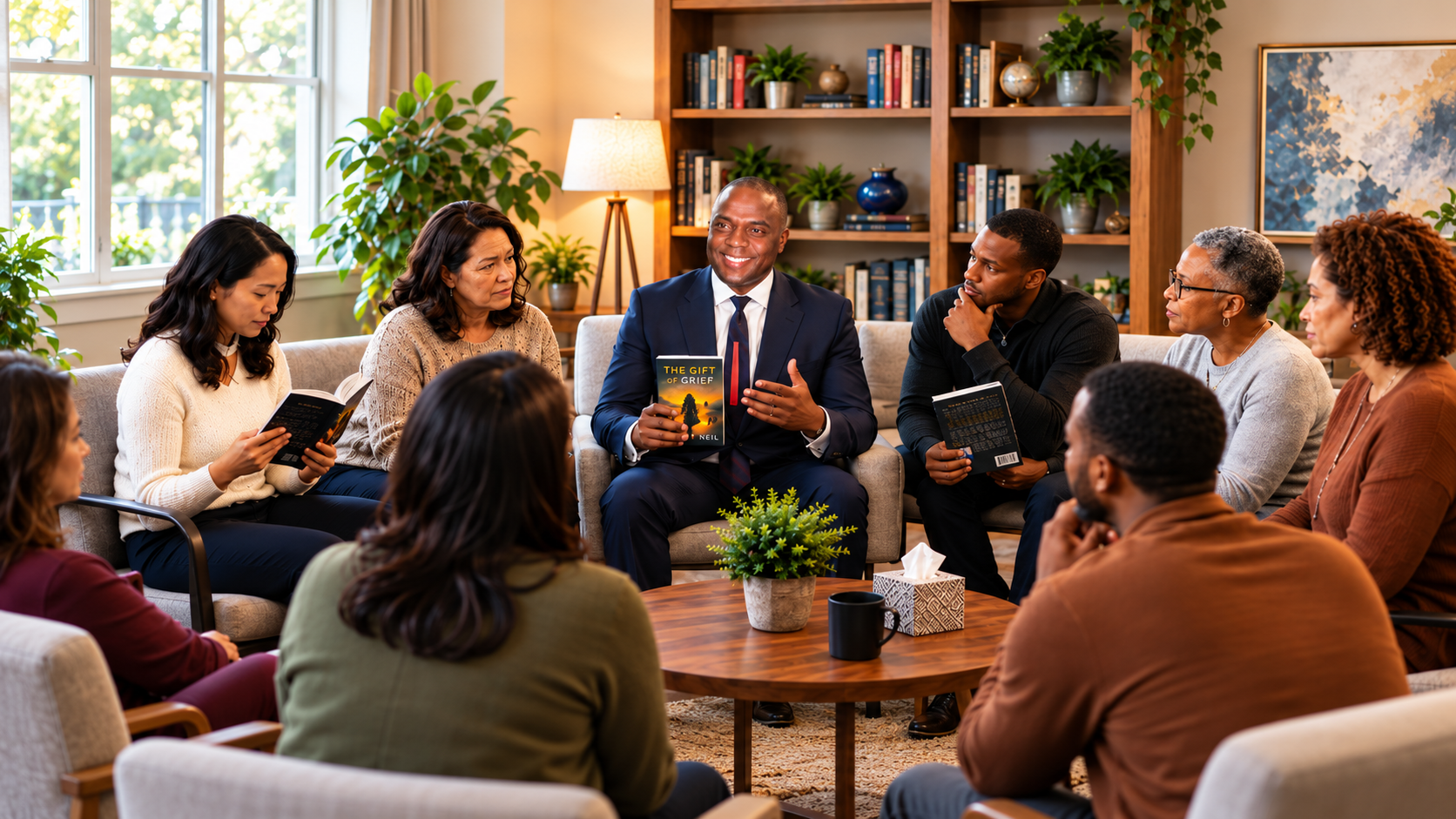 Loss and Recovery — Dr. Clive E. Neil with group holding The Gift of Grief