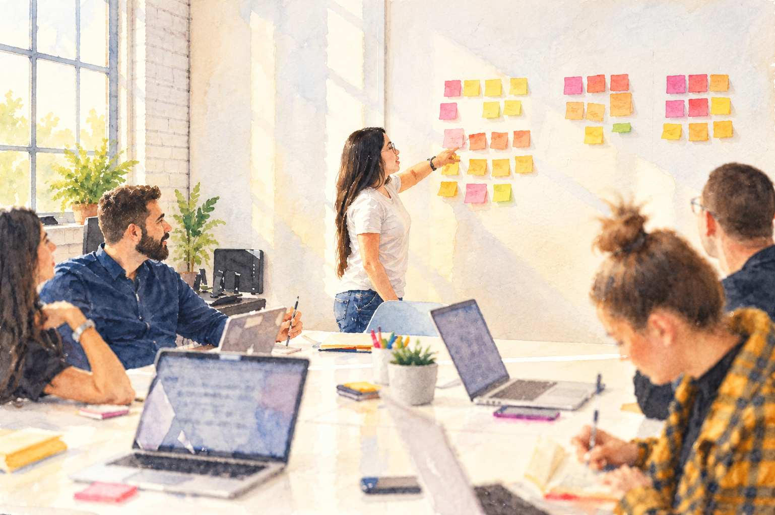 Team collaboration workshop with sticky notes on the wall