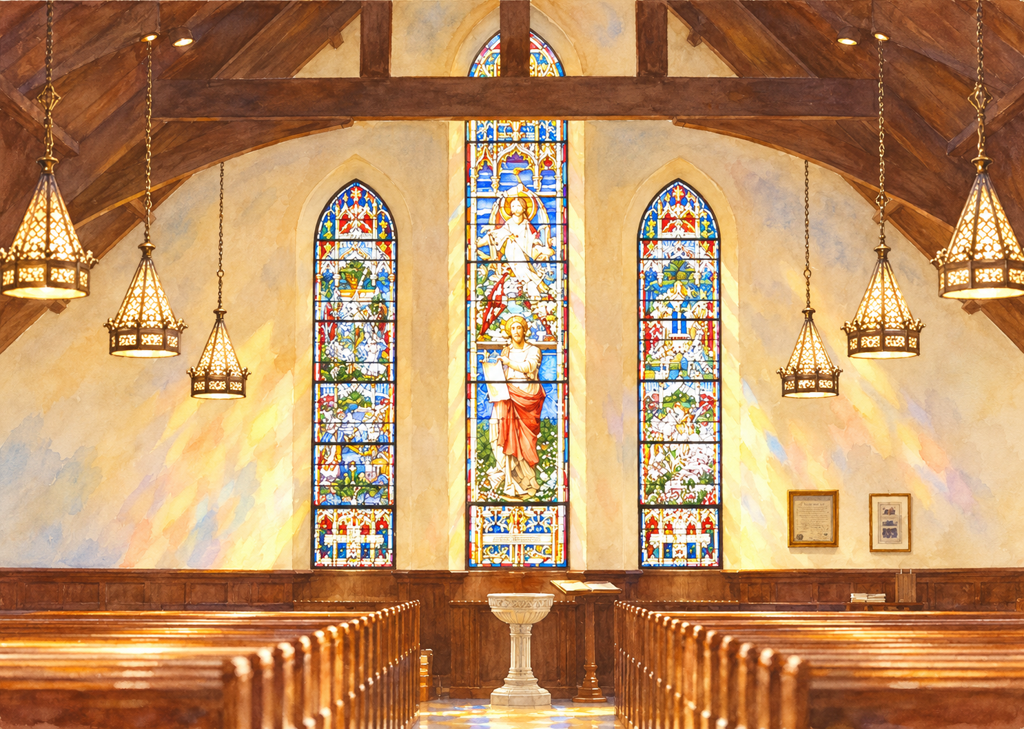 Sanctuary interior with stained glass windows and warm light