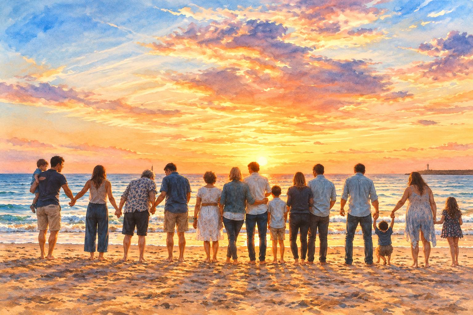 Multi-generational family standing together in support and connection at sunset