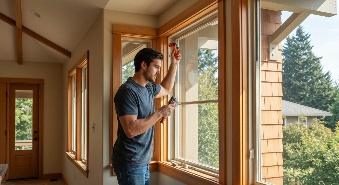 Contractor installing a new energy-efficient window pane