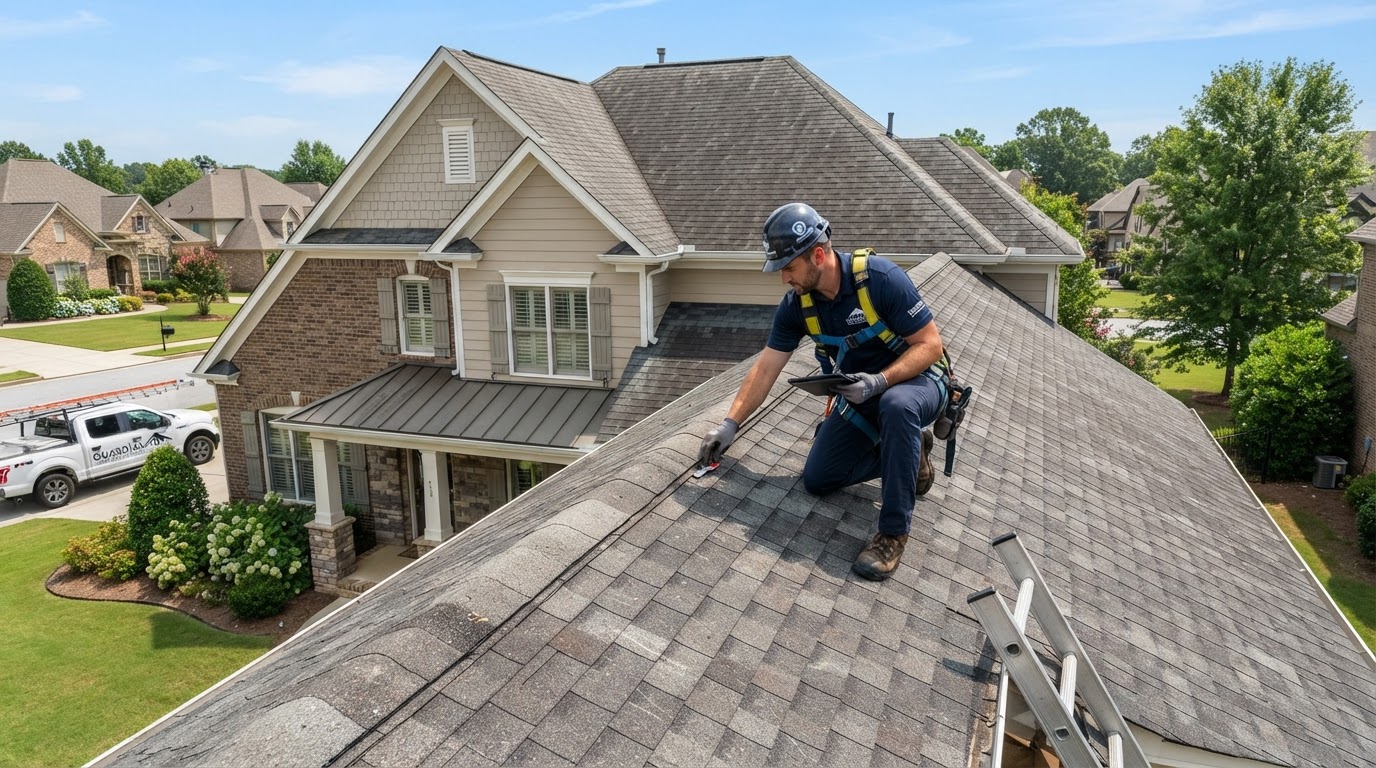 Roof inspection on suburban home with worn shingles