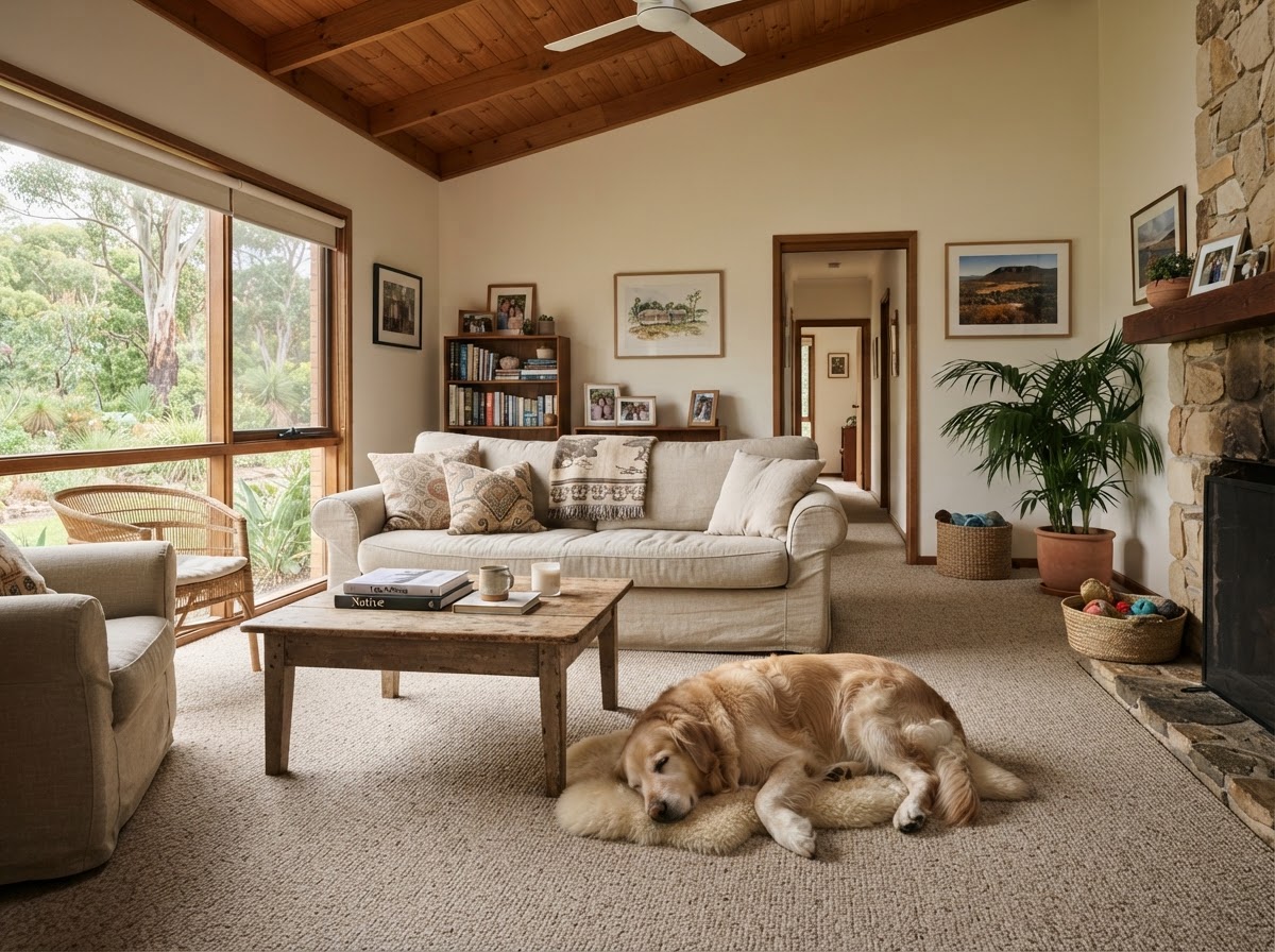 Family room with dog resting on durable carpet