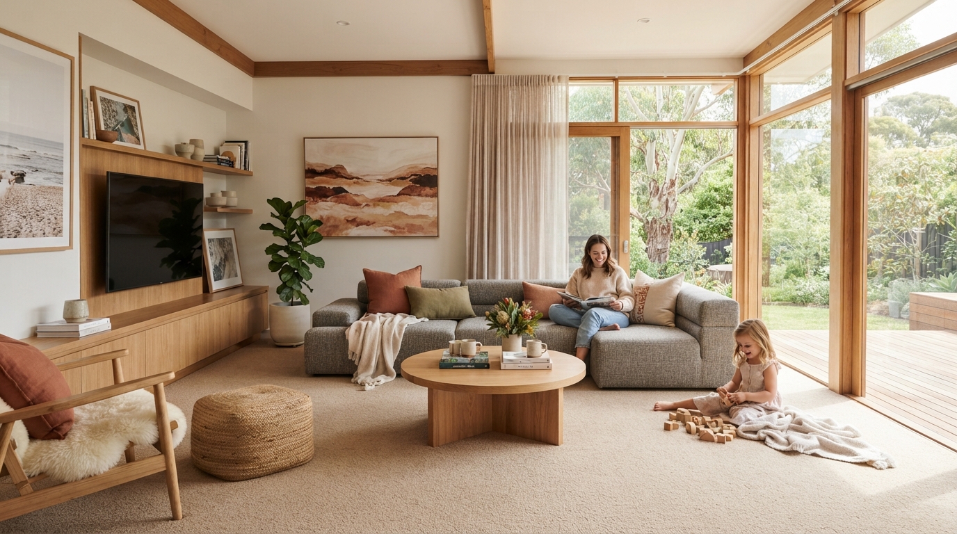 Modern living room with plush carpet flooring in a practical family home